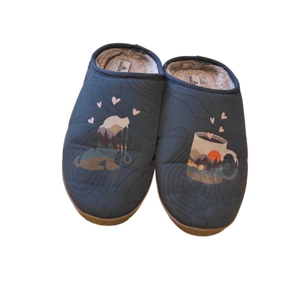 Staheekum Women's 8 Cozy Cabin Slippers Blue Camping Print DOG COFFEE